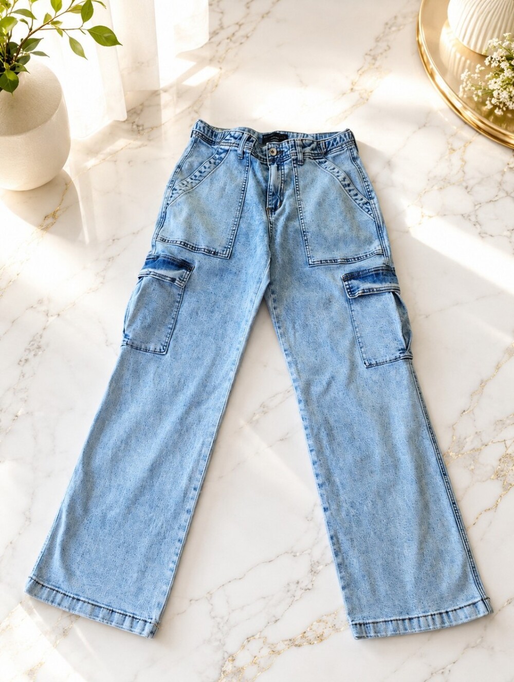 Sanctuary Wide Leg Cargo Jeans Light Wash Utility Denim Pants Womens 28